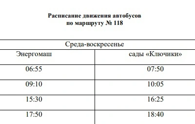 118 Завод «Энергомаш» - Сады «Ключики» - Сады «Бахарев Мост»