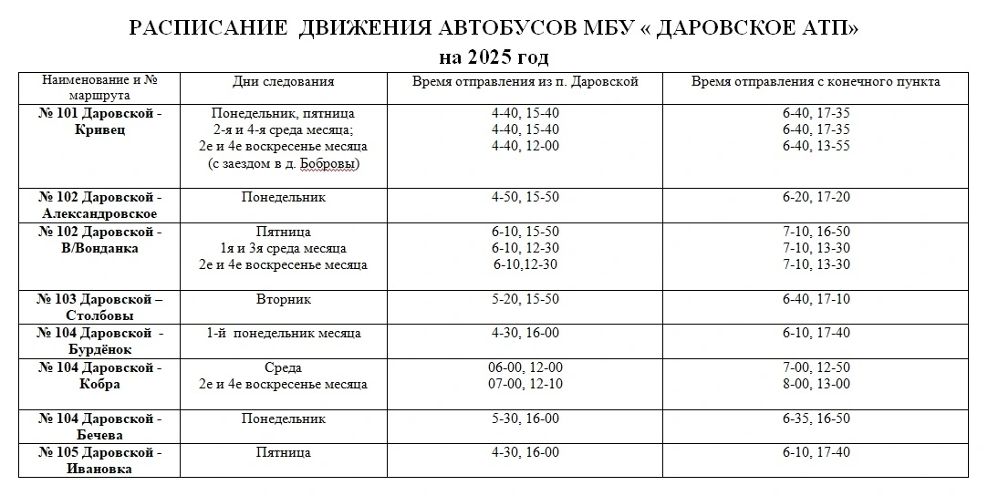 Расписание 101,102,103,104 в Даровском