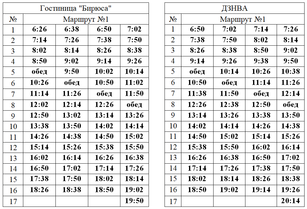 №1 «Гостиница «Бирюса» — ДЗНВА» в будни