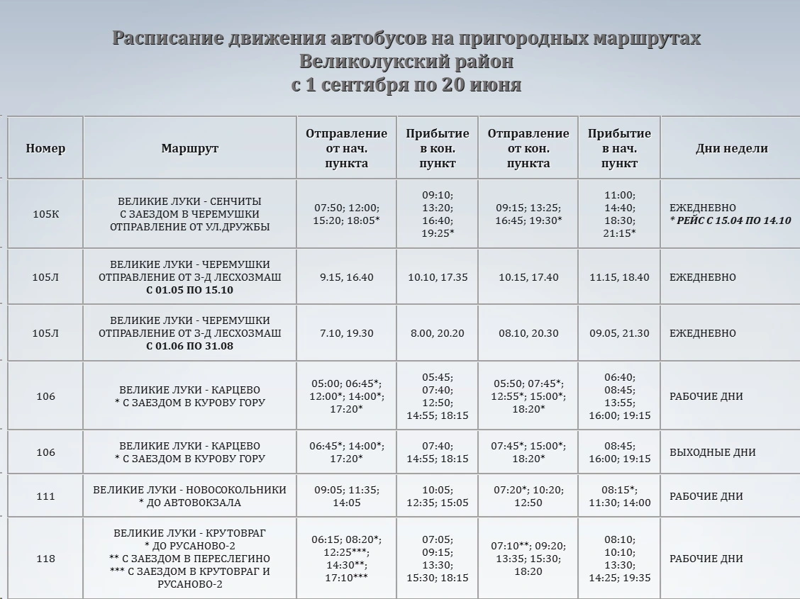 Расписание пригородных автобусов - Великолукский район