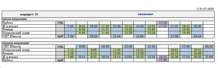 №10 Ж/Д вокзал - Мошковский залив, СНТ Юность, СНТ Речицы