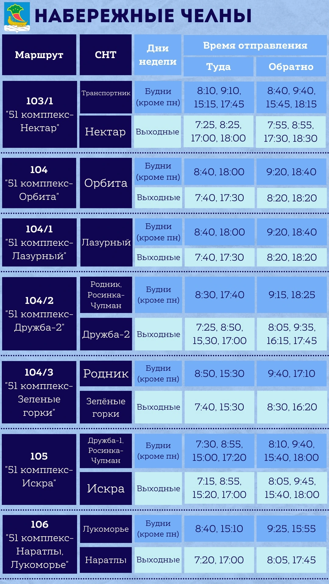 Расписание дачных автобусов в Набережных Челнах - 51 комплекс - СНТ
