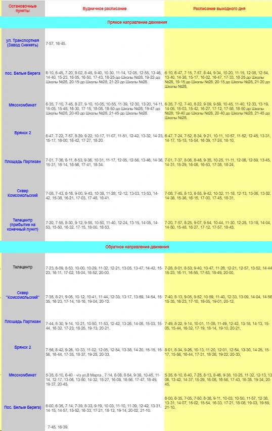 Расписание автобуса №106 в Брянске