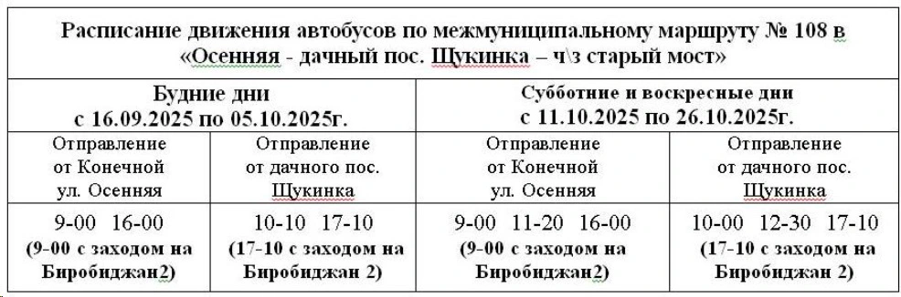 Расписание в сады и дачи Биробиджана