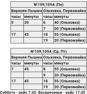 № 109, №109А г.Верхняя Пышма - п.Ольховка - п.Первомайский