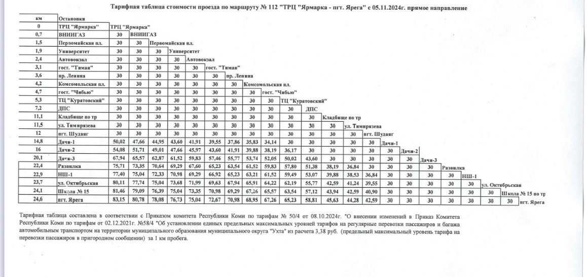 цена проезда по маршруту №112 "ТРЦ" ЯРМАРКА - пгт. Ярега"