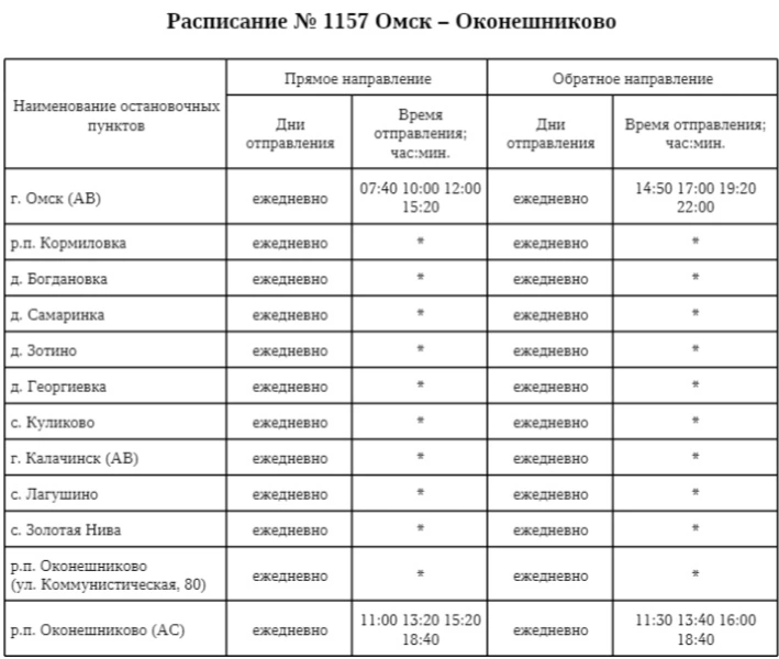 №1157 Омск - Оконешниково - расписание