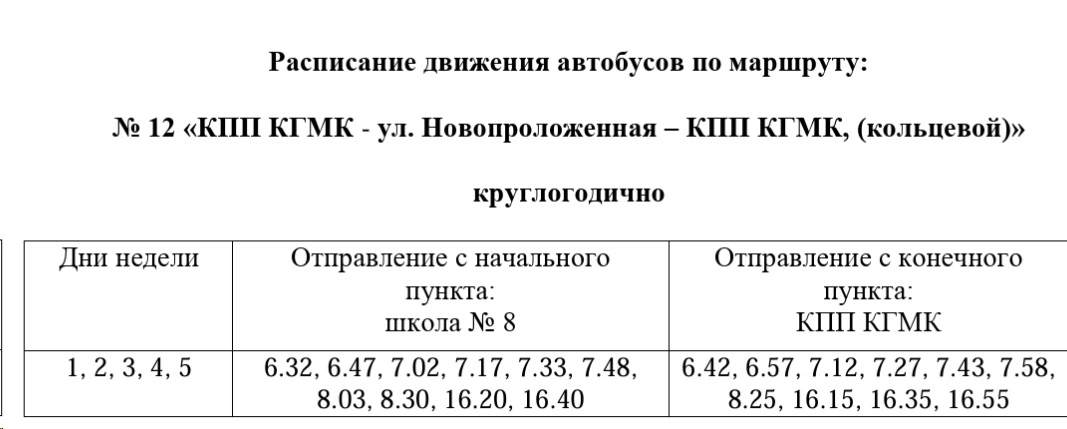 № 12 КПП КГМК - ул. Новопроложенная – КПП КГМК, (кольцевой)