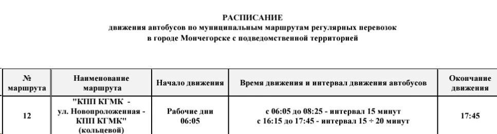 № 12 КПП КГМК - ул. Новопроложенная – КПП КГМК, (кольцевой)