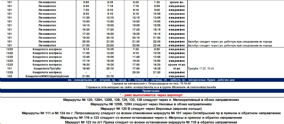 Расписание пригородных автобусов Петрозаводска