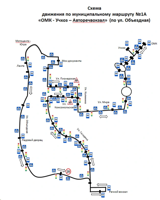 Схема движения маршрута 1А «ОМК – Учхоз – Авторечвокзал (по улице Объездная)»