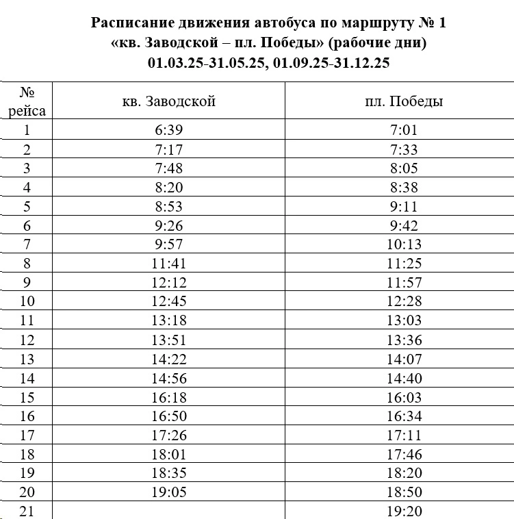 №1 кв. Заводской - пл. Победы №1 кв. Заводской - пл. Победы в будни