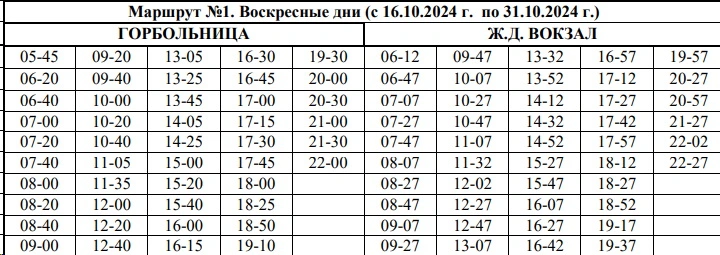 №1 Горбольница - Ж/д вокзал - воскресенье