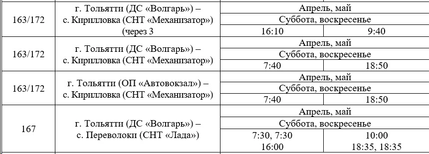 163/172 г. Тольятти (ДС «Волгарь») - с.Кирилловка (СНТ «Механизатор») 163/172 г. Тольятти (ДС «Волгарь») - с.Кирилловка (СНТ «Механизатор»)