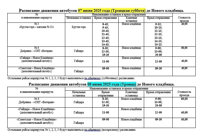 Расписание автобусов на 7 июня (Троицкая суббота) и 8 июня (Троица) 2025 года. Расписание на кладбище