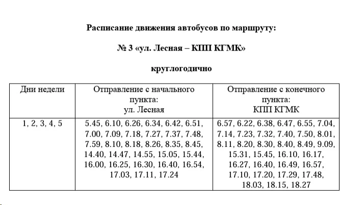 № 3 ул. Лесная – КПП КГМК