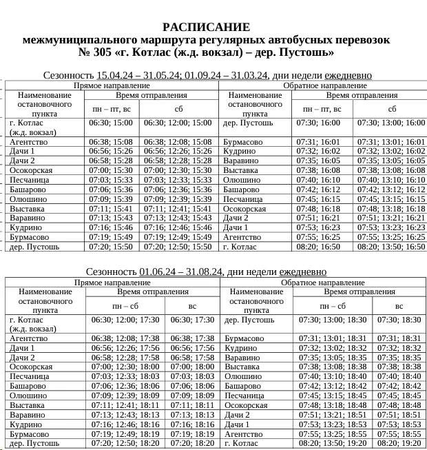 Расписание 306-го в Котласе