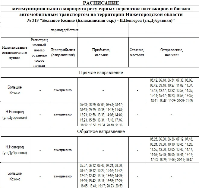 № 319 "Большое Козино (Балахнинский окр.) - Н.Новгород (ул.Дубравная)" - расписание