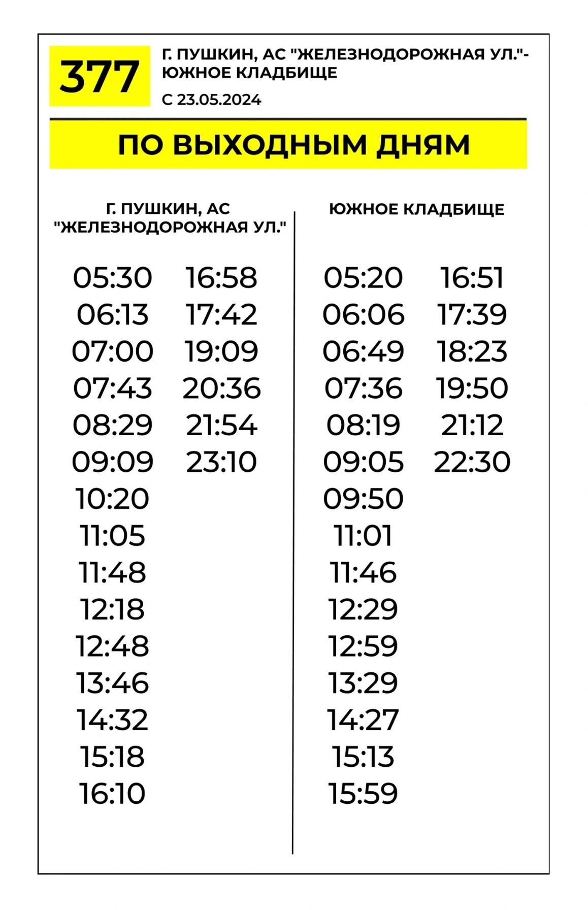 № 377 Пушкин, Железнодорожная ул - Южное кладбище по выходным