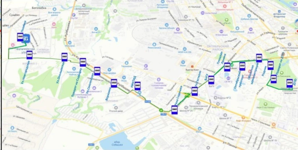 Схема автобуса № 39 «Полянка - Веризино - площадь Ленина - Октябрьский проспект - Дворец творчества Юных».