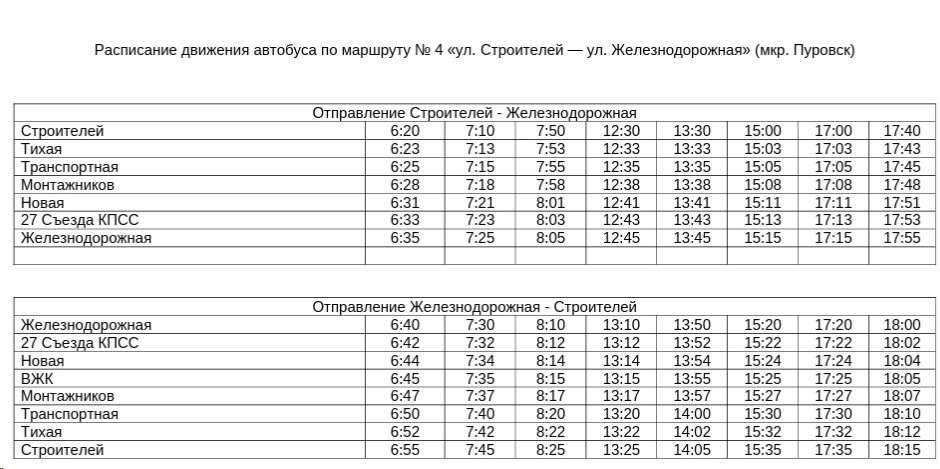 №4 Строителей - Железнодорожная по п. Пуровск