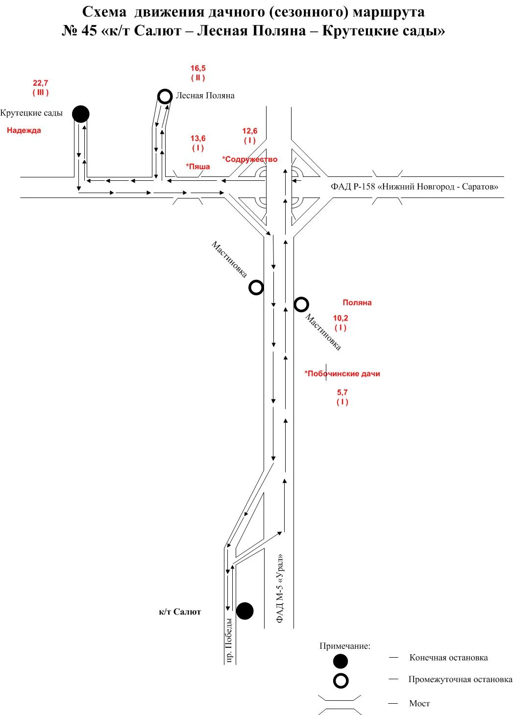 Схема маршрута №45 к-т "Салют" - СНТ "Лесная поляна" - СНТ "Крутецкие сады"