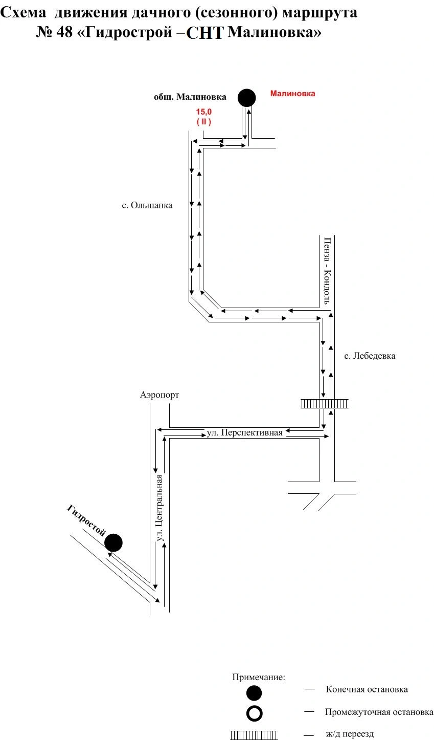 Схема движения дачного автобуса №48 Гидрострой - СНТ "Малиновка"