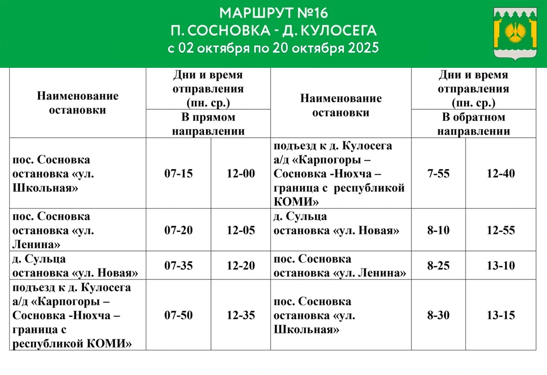 График автобуса №16 п. Сосновка - д. Кулосега