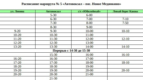 № 5 «Автовокзал – пос. Новое Медянкино»