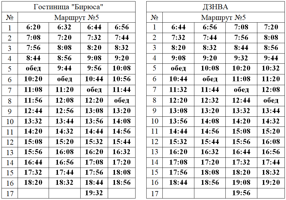 №5 «Гостиница «Бирюса» — ДЗНВА»  в будни