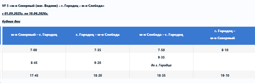 № 5 «м-н Северный (маг. Водник) – г. Городец – м-н Слобода»