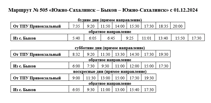 № 505 «Южно-Сахалинск – Быков – Южно-Сахалинск»