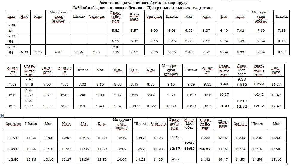 Расписание 56 «Свободная - пл. Ленина - Ц. рынок»