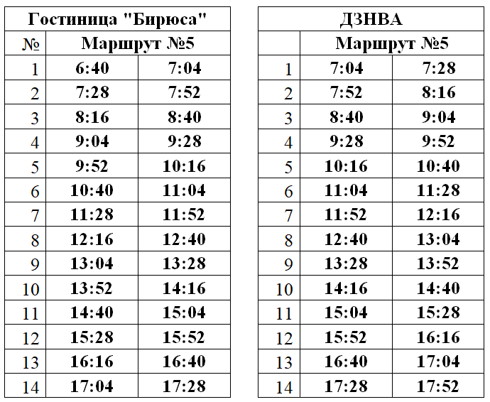 №5 «Гостиница «Бирюса» — ДЗНВА»  в выходные