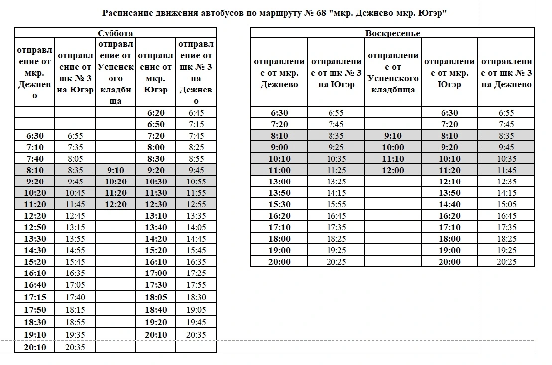 Расписание автобуса 68 в выходные дни