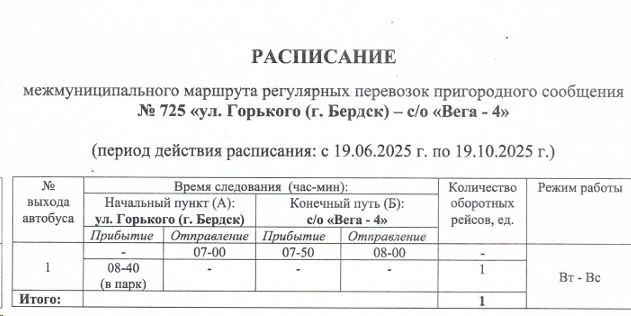 №725 "ул. Горького (г. Бердск) – с/о «Вега - 4»" - расписание