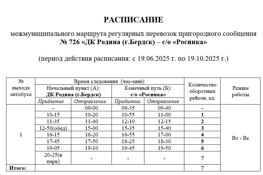 №726 "ДК Родина (г.Бердск) – с/о «Росинка»" - расписание