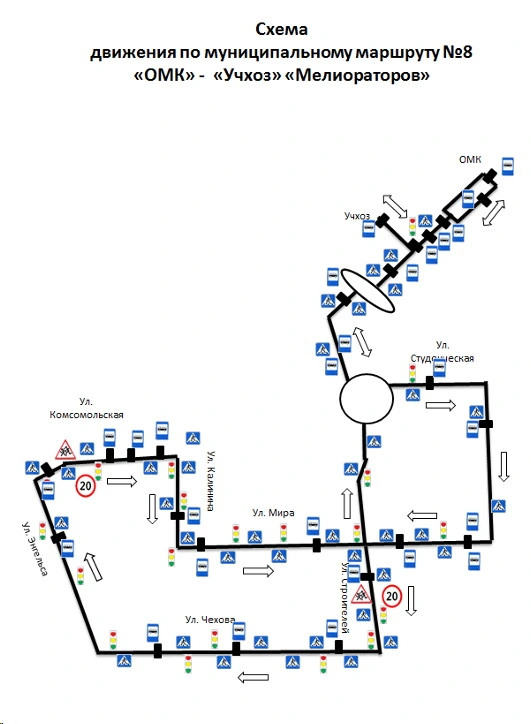 Схема движения маршрута №8 «ОМК – Учхоз – Мелиораторов – ОМК»
