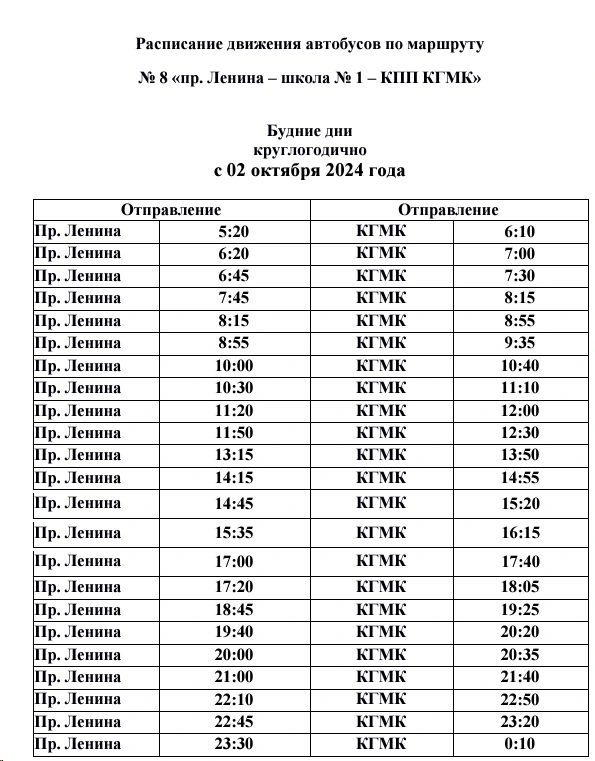 № 8 «Пр. Ленина– 1 школа – КПП КГМК» 