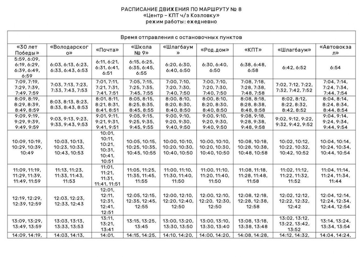 №8 Центр ч/з Козловку - КПТ - расписание
