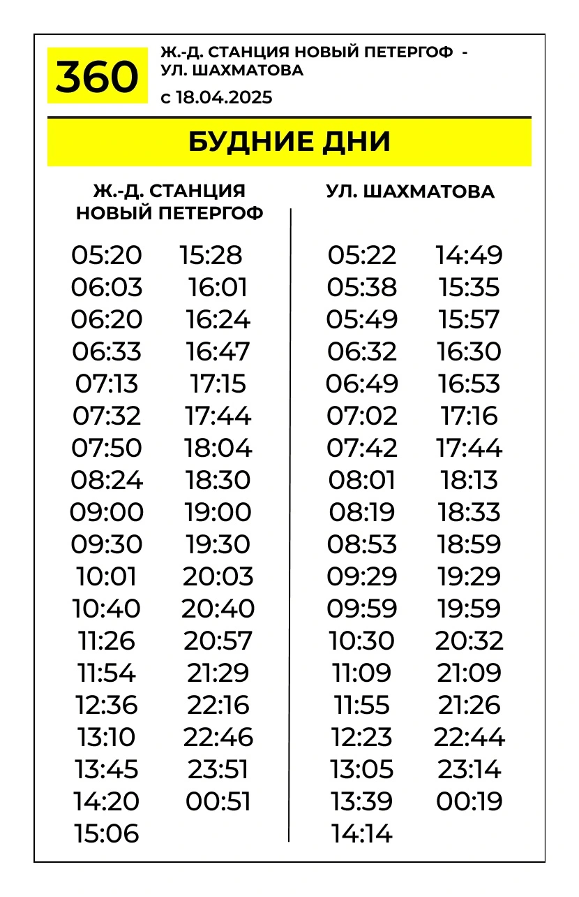 360 ж/д ст. Новый Петергоф - ул. Шахматова 