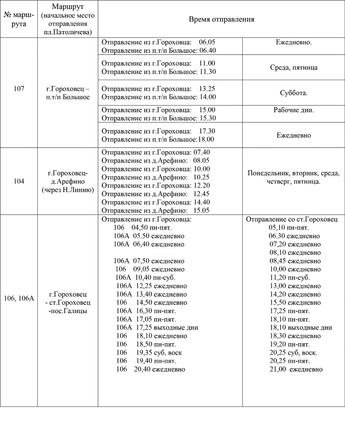 Расписание пригород - Гороховец - Чулково, Золотово, Фоминки