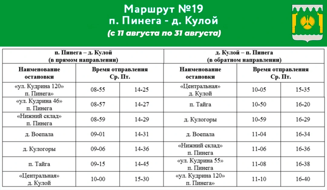№19 п. Пинега - д. Кулой №19 п. Пинега - д. Кулой