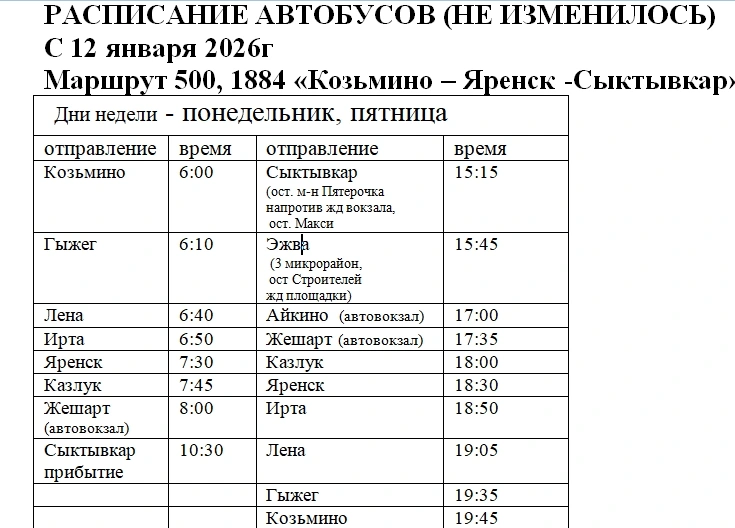 № 500 с. Козьмино - с. Яренск