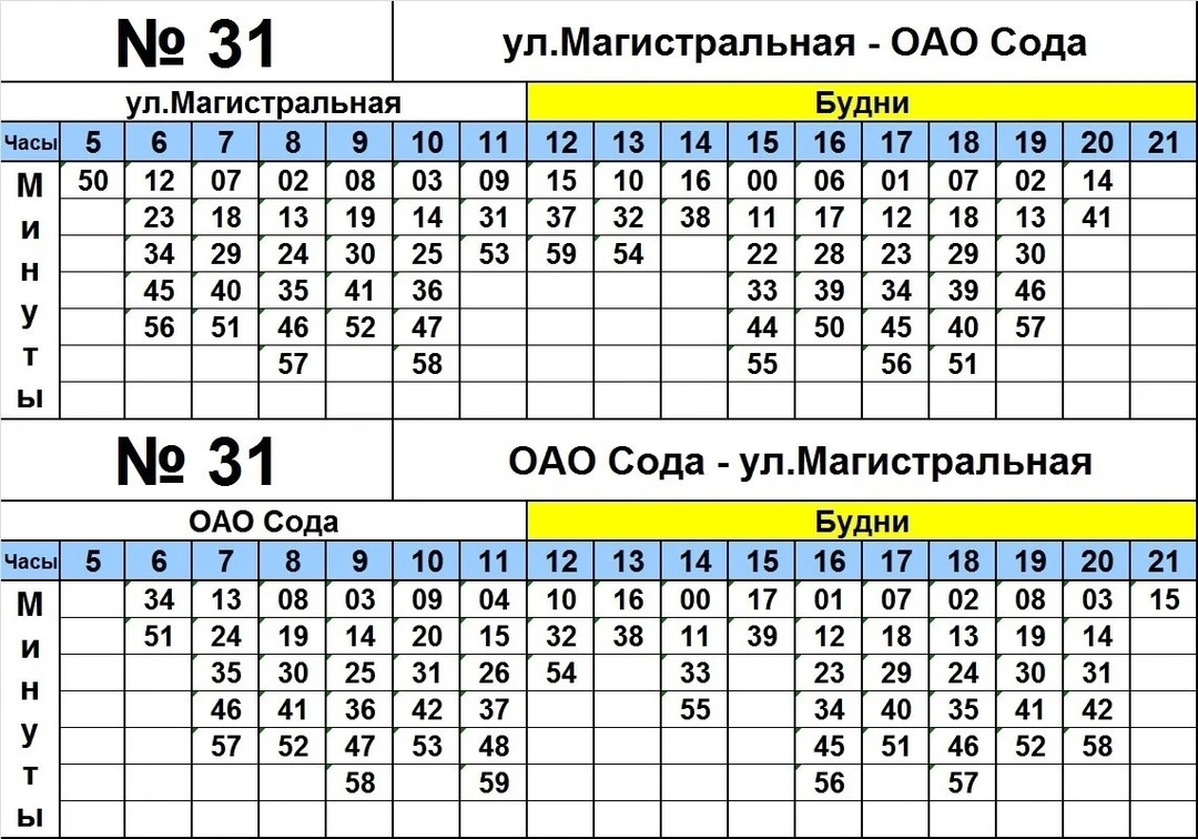 №31 «ул. Магистральная — ОАО «Сода» (в будни) №31 «ул. Магистральная — ОАО «Сода» (в будни)