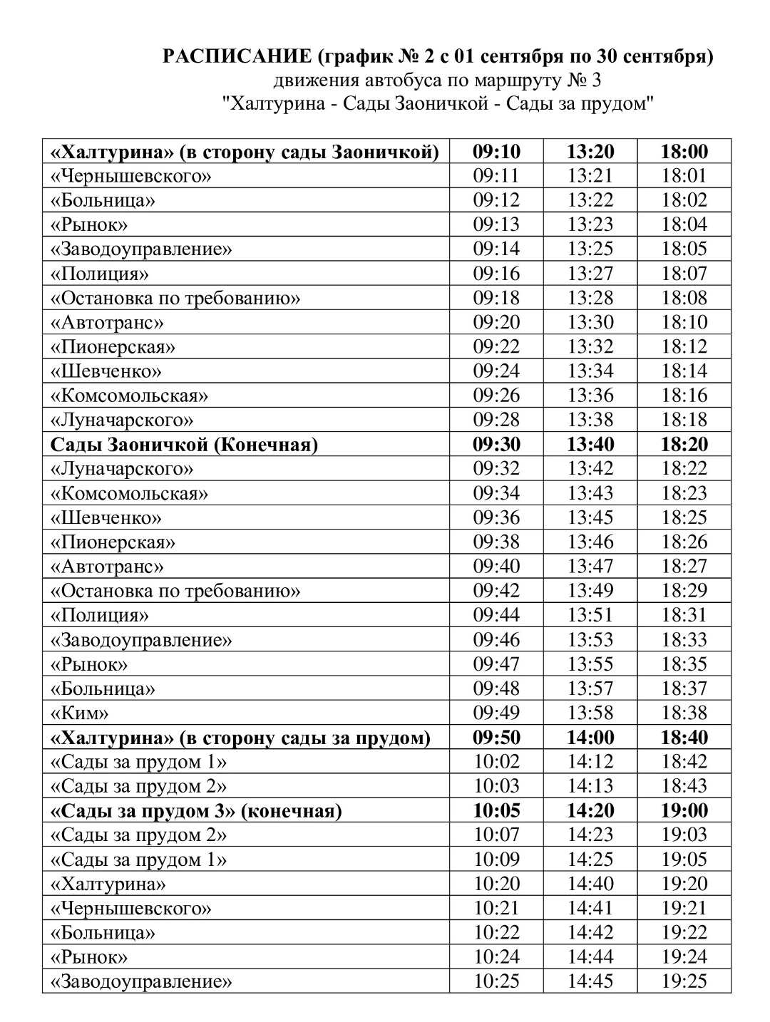 Расписание автобусного маршрута №3 для садоводов "Халтурина - Сады Заоничкой - Сады Запрудом". Действует на летний период 2025 года