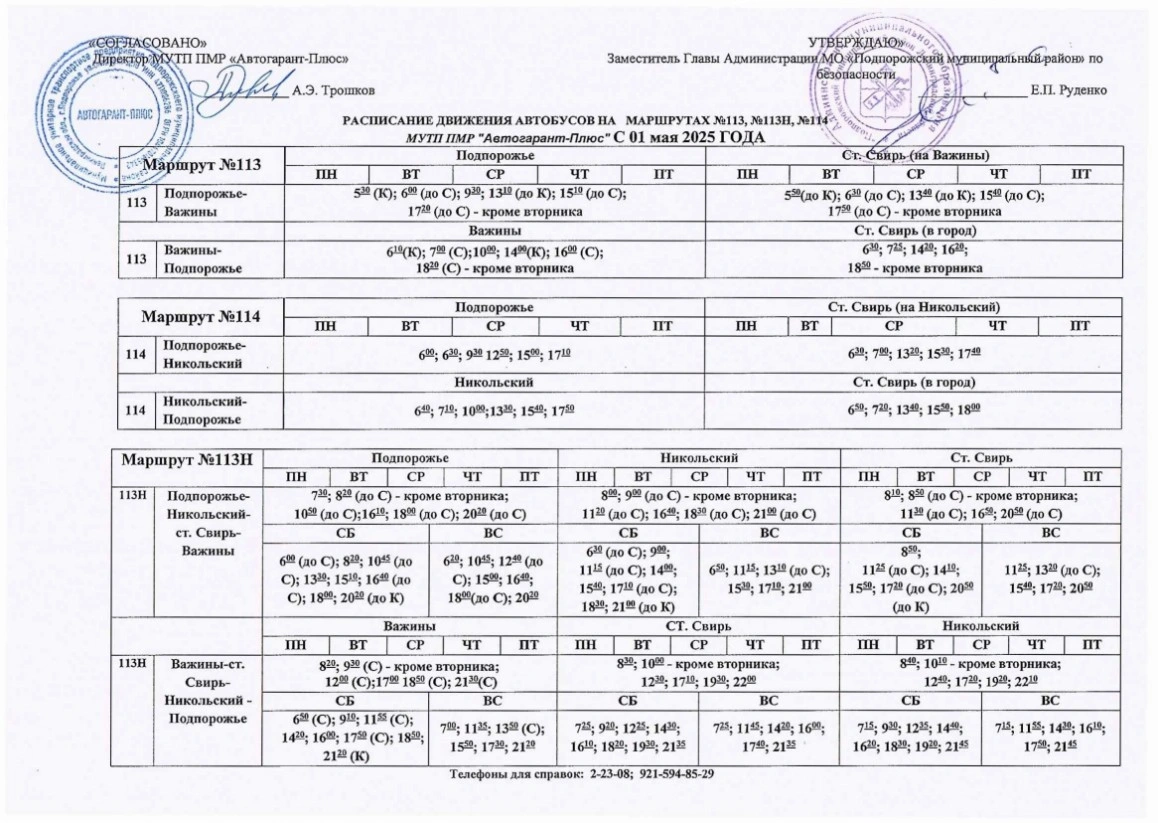Расписание в Подпорожье (сады) Расписание в Подпорожье (сады)