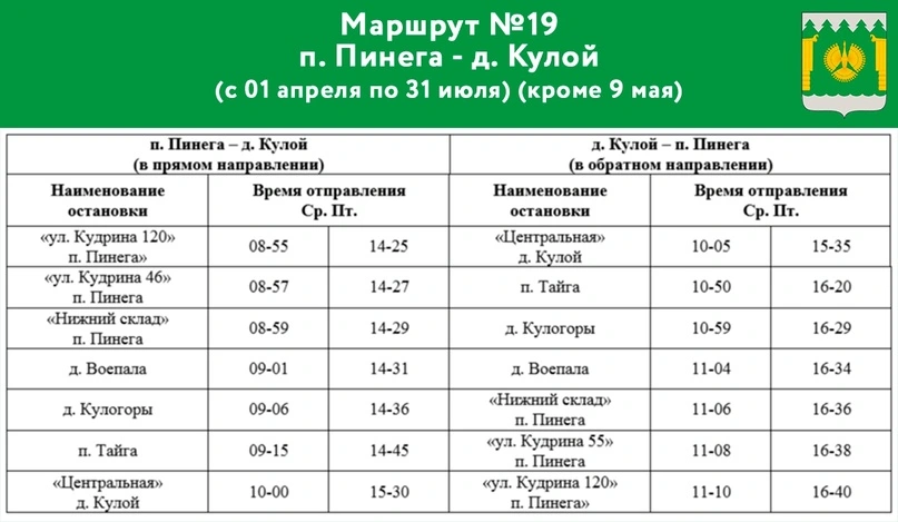 №19 п. Пинега - д. Кулой №19 п. Пинега - д. Кулой