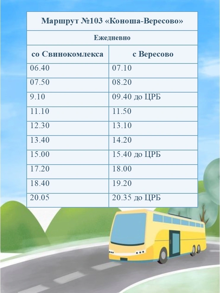 График регулярных перевозок в п. Коноша пункт оправления - автопавильон находящийся по улице Советской 86 у Дома культуры.