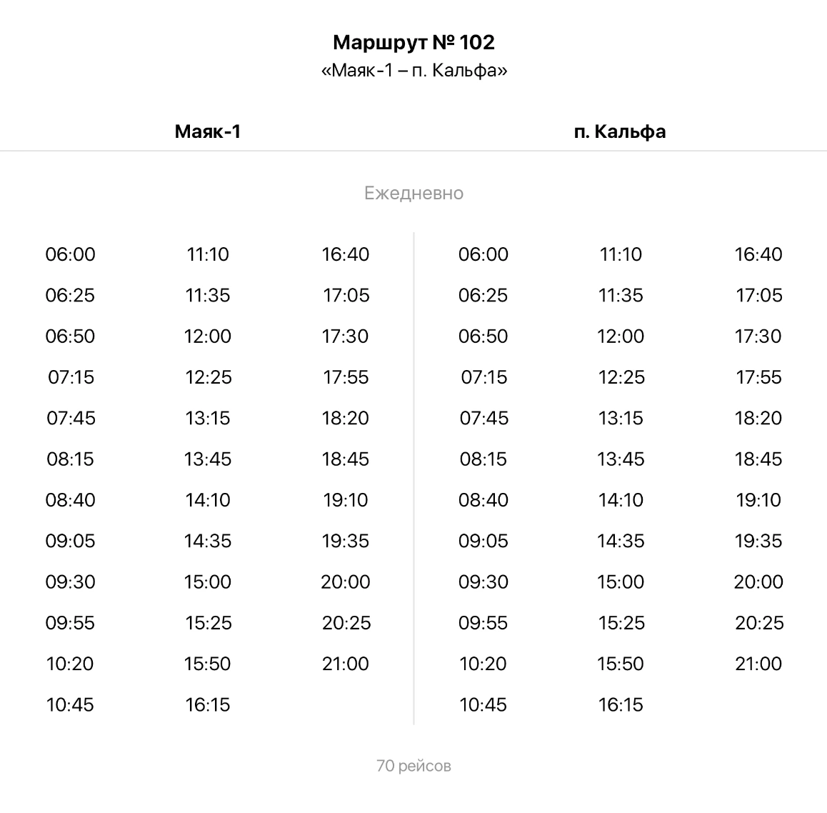 102 Маяк-1 - п. Кальфа - расписание